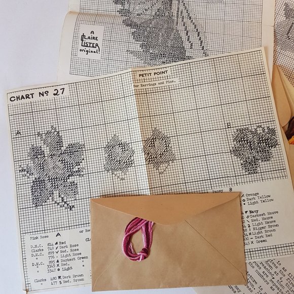 Vintage Petit Point Patterns Rose Jewelry Pins and Earrings and Spanish Dancers - Picture 5 of 8